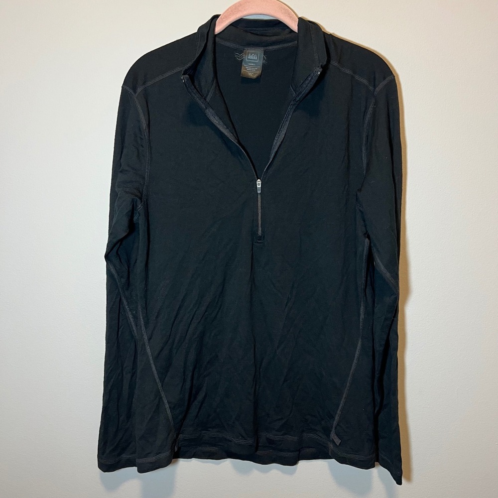 REI Co-op Men's Black 100% Merino Wool Quarter Zip Base Layer Top Large